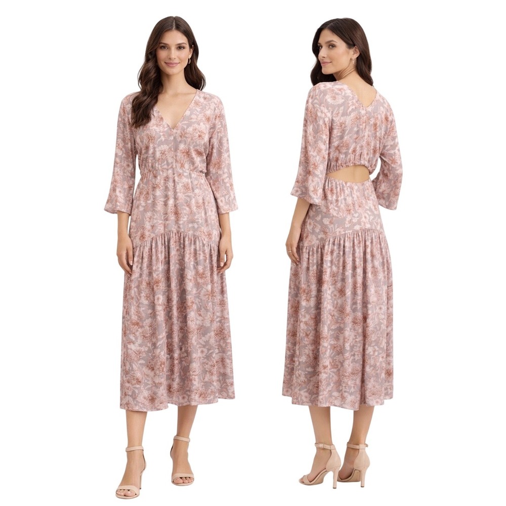 Vince Mauve Floral Midi Dress XXS V Neck Back‎ Cutout Tiered Dress NWTV823051466